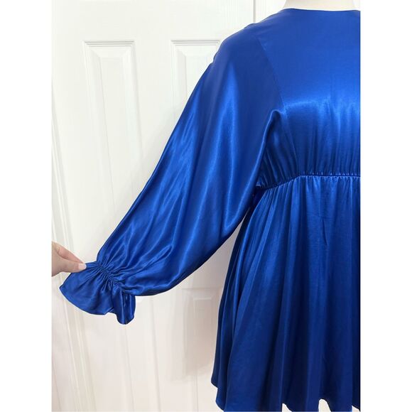 Bognar Blu Womens Blue Solid Satin Ruffle Long Sleeve A-Line Dress Size Large - Picture 2 of 6